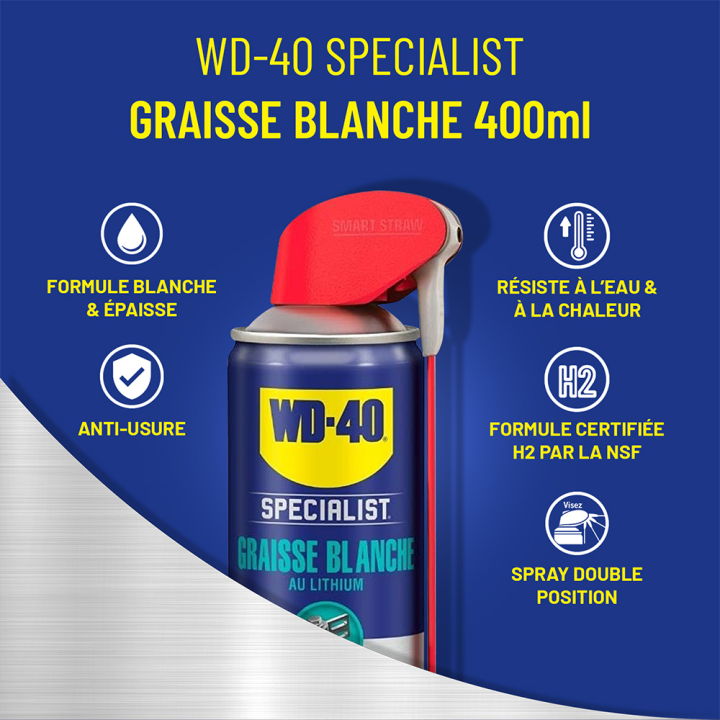 Dégrippant WD40 Specialist Graisse blanche. 400 ml. Nettoyant, lubrifiant. Protège humidité corrosion