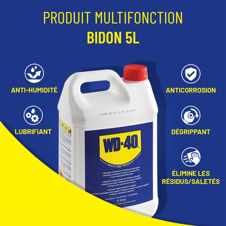 Dégrippant WD40. 5 litres. Nettoyant, dégrippant, lubrifiant. Protège humidité corrosion