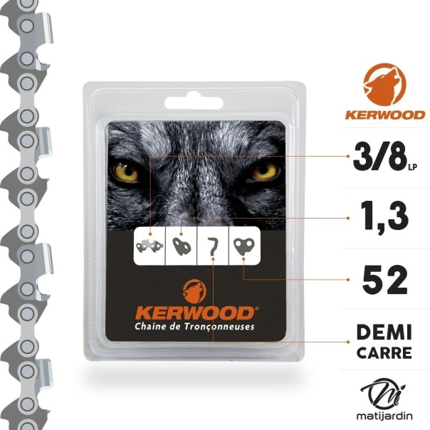 2 Chaînes tronçonneuse Kerwood 52 maillons 3/8LP 1,3mm semi carrée