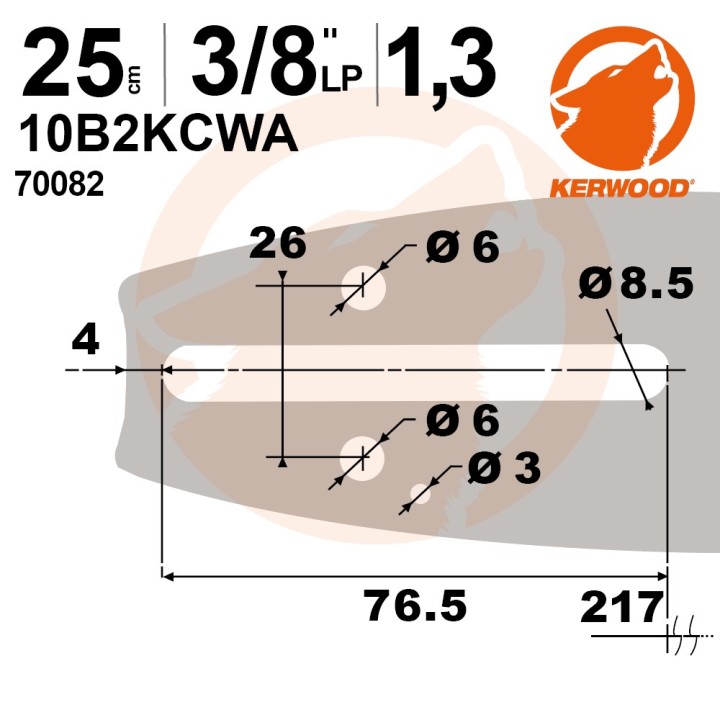 Guide tronçonneuse Kerwood 25 cm 3/8 LP" 1,3 mm. 40 maillons. 10B2KCWA