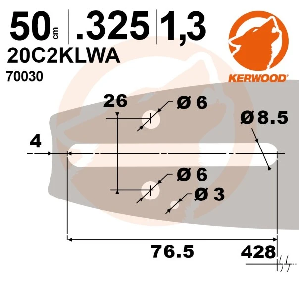 Guide tronçonneuse Kerwood 50 cm .325" 1,3 mm. 78 maillons. 20C2KLWA