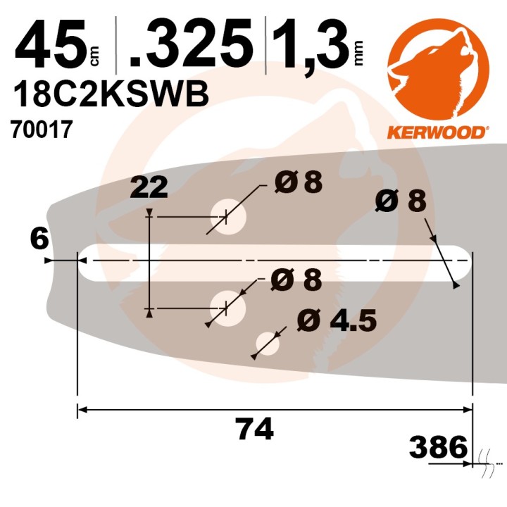 Guide tronçonneuse Kerwood 45 cm .325 1,3 mm. 72 maillons. 18C2KSWB