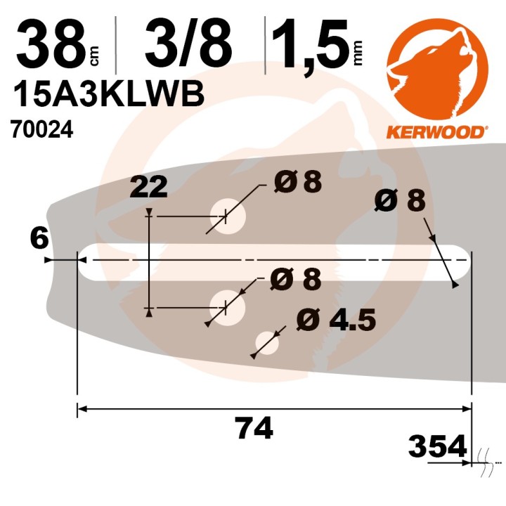 Guide tronçonneuse Kerwood 38 cm 3/8" 1,5 mm. 56 maillons. 15A3KLWB