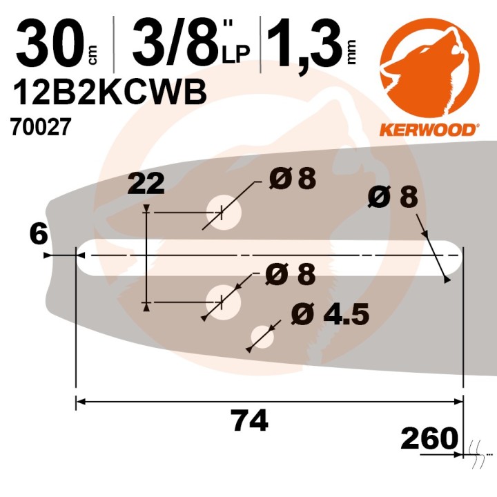 Guide tronçonneuse Kerwood 30 cm 3/8" LP. 1,3 mm. 45 maillons. 12B2KCWB