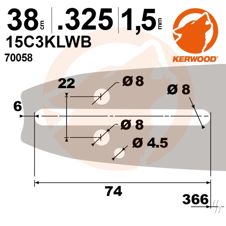 Guide tronçonneuse Kerwood 38 cm .325" 1,5 mm. 64 maillons. 15C3KLWB