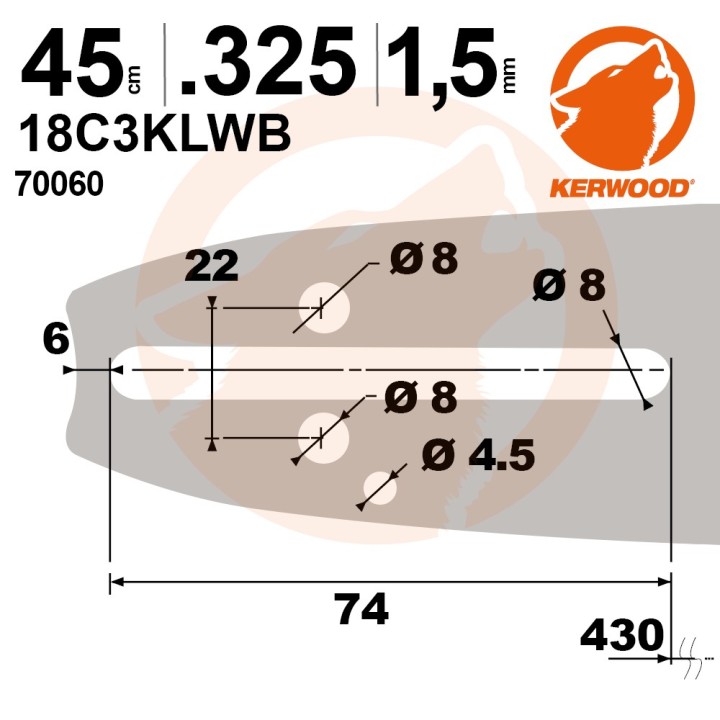 Guide tronçonneuse Kerwood 45 cm .325" 1,5 mm 72 maillons 18C3KLWB