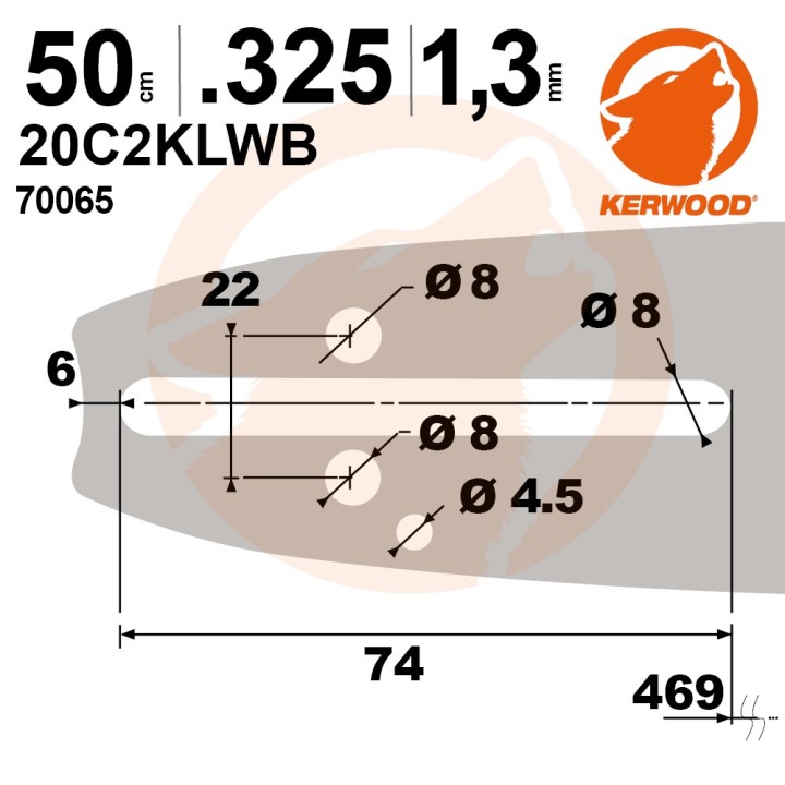 Guide tronçonneuse Kerwood 50 cm .325" 1,3 mm. 78 maillons. 20C2KLWB