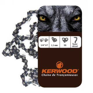 Chaîne Kerwood pour tronçonneuse 1/4" 1,1 mm 64 maillons. Gouge profil demi carré