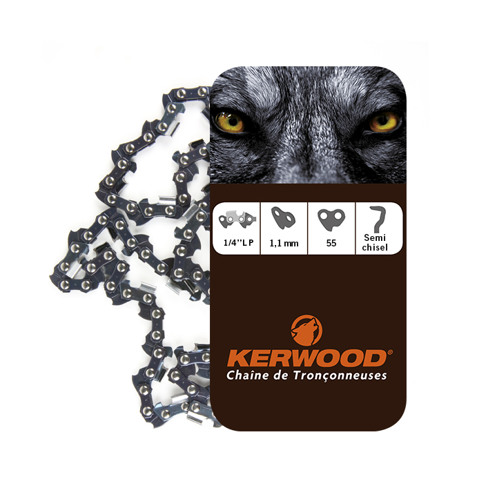 Chaîne Kerwood pour tronçonneuse 1/4" 1,1 mm 64 maillons. Gouge profil demi carré