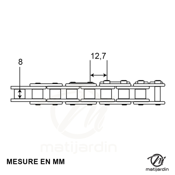 Chaine de transmission type C40. Longueur 3 m. 12,7 x 8 mm