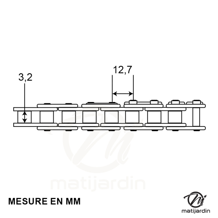 Chaîne de transmission type C43. Longueur 3 m. 12,7 x 3,2 mm