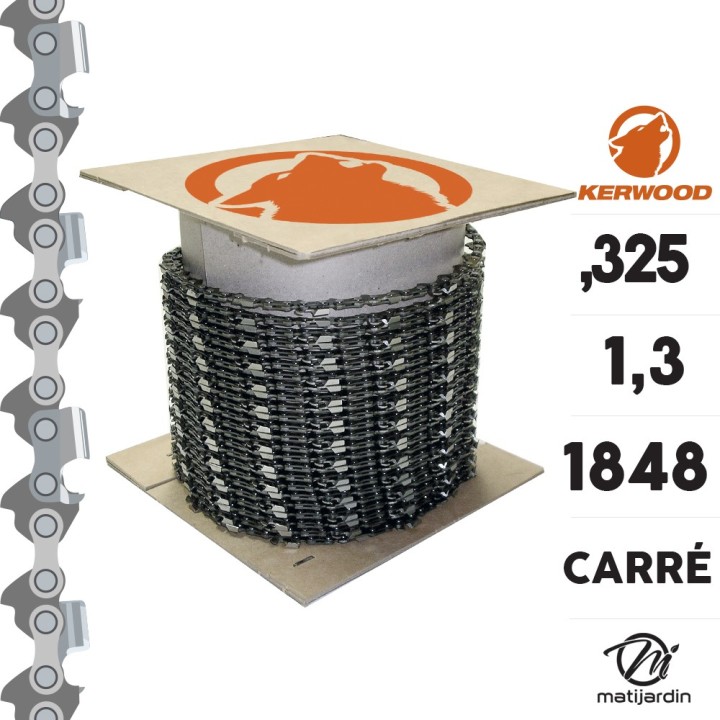 Chaîne Kerwood pour tronçonneuse 0,325" 1,3 mm. Rouleau 100 pieds. Gouge profil carré