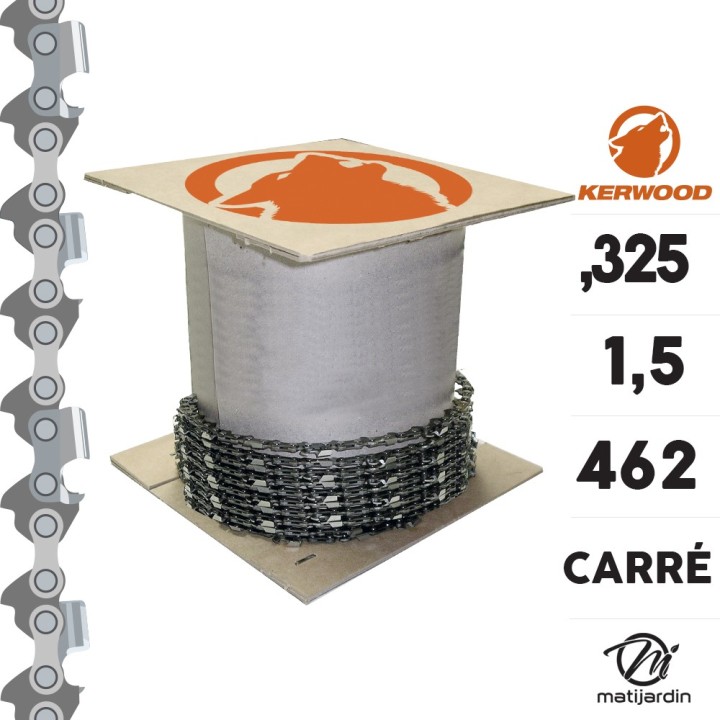 Chaîne Kerwood pour tronçonneuse 0,325" 1,5 mm. Rouleau 25 pieds. Gouge profil carré