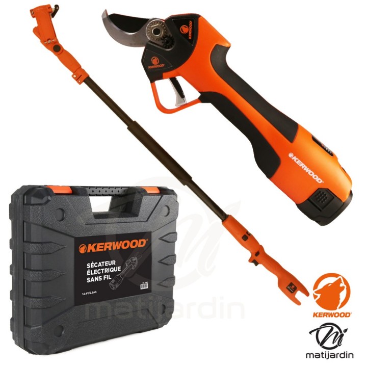 Pack élagage KERWOOD: Sécateur Électrique 14.4V + Perche Télescopique + Mallette