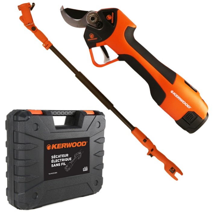 Pack élagage KERWOOD: Sécateur Électrique 14.4V + Perche Télescopique + Mallette