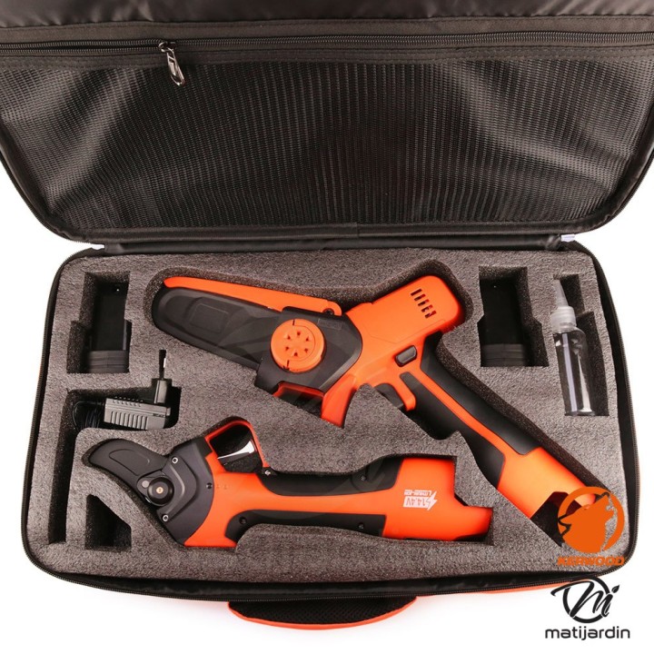 Pack outils sans fil KERWOOD avec mallette en tissus : Mini Tronçonneuse + Sécateur Électrique