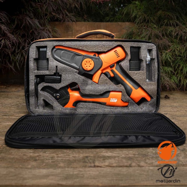 Pack outils sans fil KERWOOD avec mallette en tissus : Mini Tronçonneuse + Sécateur Électrique