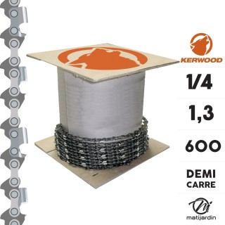Chaîne Kerwood pour tronçonneuse 1/4" 1,3 mm. Rouleau 25 pieds. Gouge profil demi carré