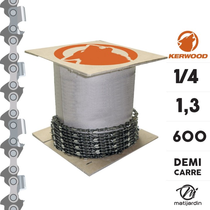 Chaîne Kerwood pour tronçonneuse 1/4" 1,3 mm. Rouleau 25 pieds. Gouge profil demi carré
