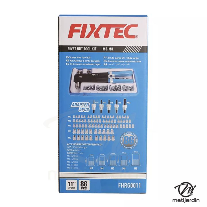 Pince à rivets filetés 11" avec 5 mandrins M3 à M8 et 80 écrous à sertir – Coffret 86 pièces - Fixtec