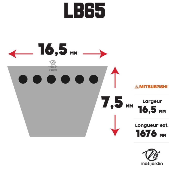 Courroie tondeuse Mitsuboshi LB65 - 16,5 mm x 1662 mm