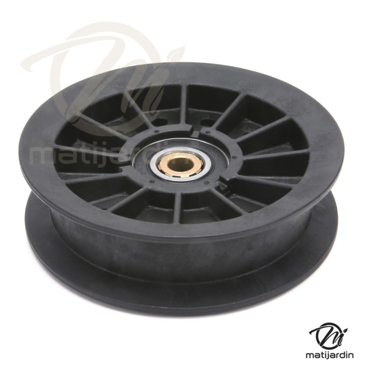 Poulie gorge plate nylon avec roulement renforcé. Ø 102 mm. Diamètre rebord 122 mm