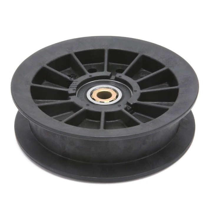 Poulie gorge plate nylon avec roulement renforcé. Ø 102 mm. Diamètre rebord 122 mm