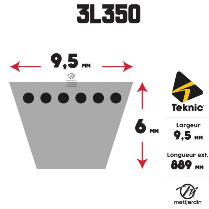 Courroie tondeuse Teknic 3L350 Kevlar Trapézoïdale - 9,5 mm x 889 mm