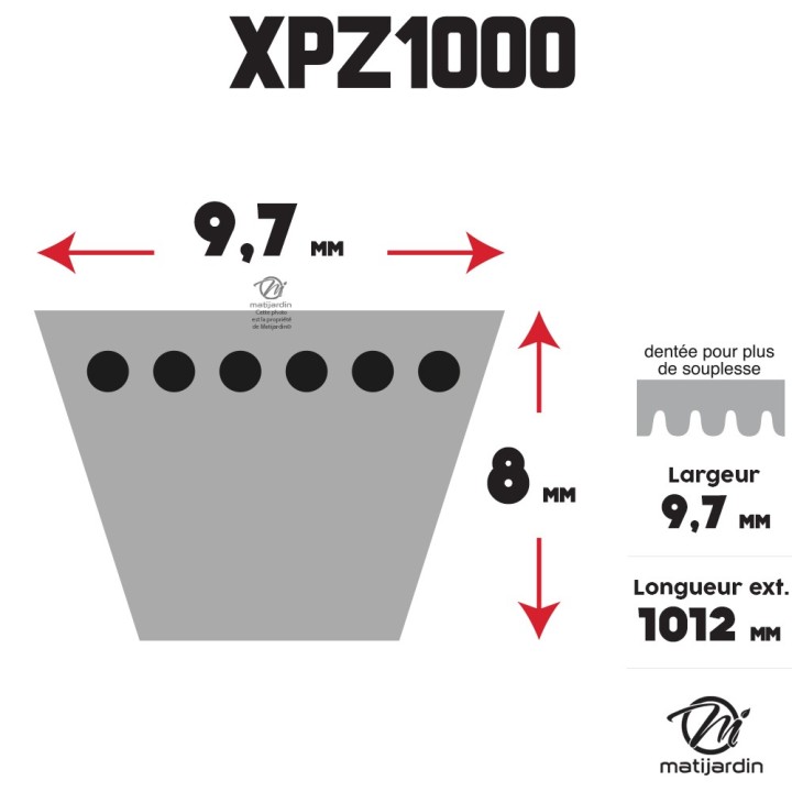 Courroie tondeuse Trapézoïdale crantée XPZ1000 - 9,7 mm x 1012 mm
