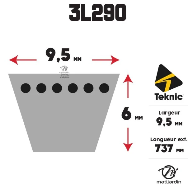 Courroie tondeuse Teknic 3L290 Kevlar Trapézoïdale - 9,5 mm x 737 mm