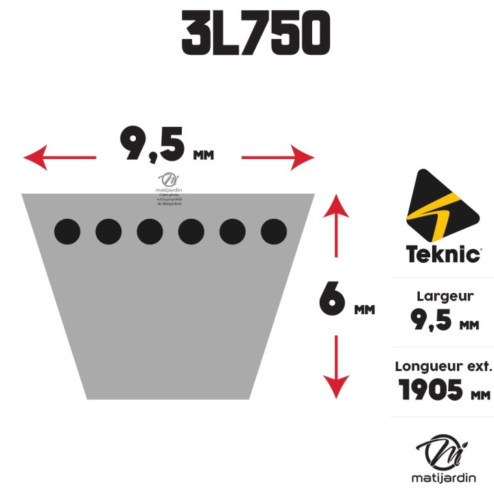 Courroie tondeuse Teknic 3L750 Kevlar Trapézoïdale - 9,5 mm x 1905 mm