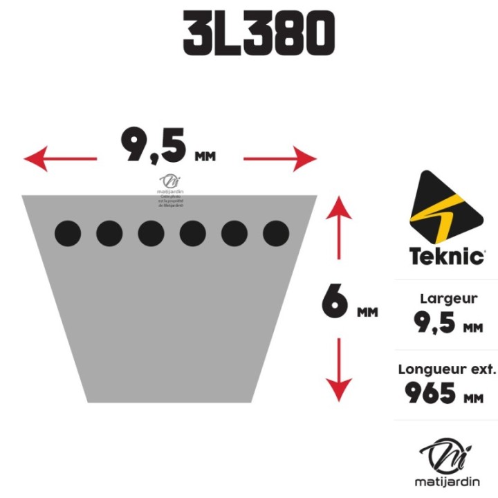 Courroie tondeuse Teknic 3L380 Kevlar Trapézoïdale - 9,5 mm x 965 mm