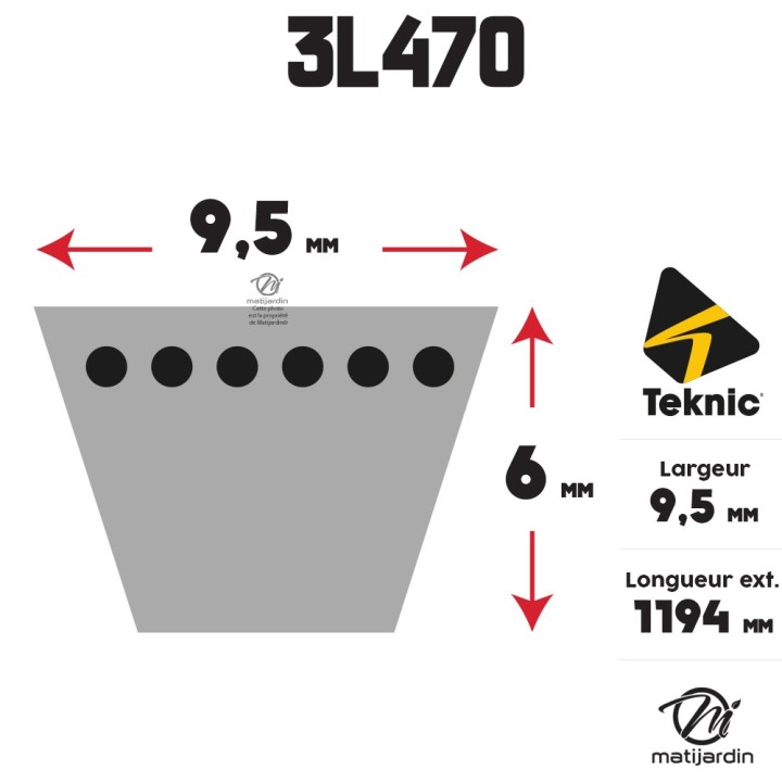 Courroie tondeuse Teknic 3L470 Kevlar Trapézoïdale - 9,5 mm x 1194 mm