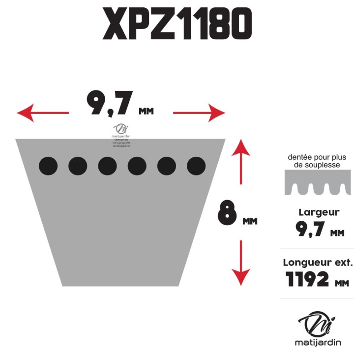 Courroie tondeuse Trapézoïdale crantée XPZ1180 - 9,7 mm x 1192 mm