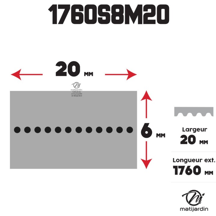 Courroie tondeuse Simple Denture 1760 -8M20 - Larg : 20 mm x 1760 mm