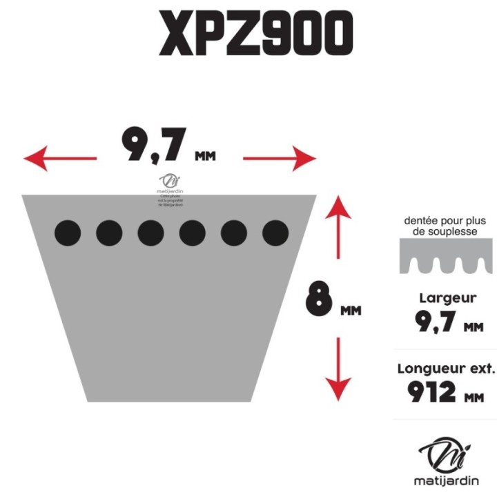 Courroie tondeuse Trapézoïdale crantée XPZ900 - 9,7 mm x 912 mm