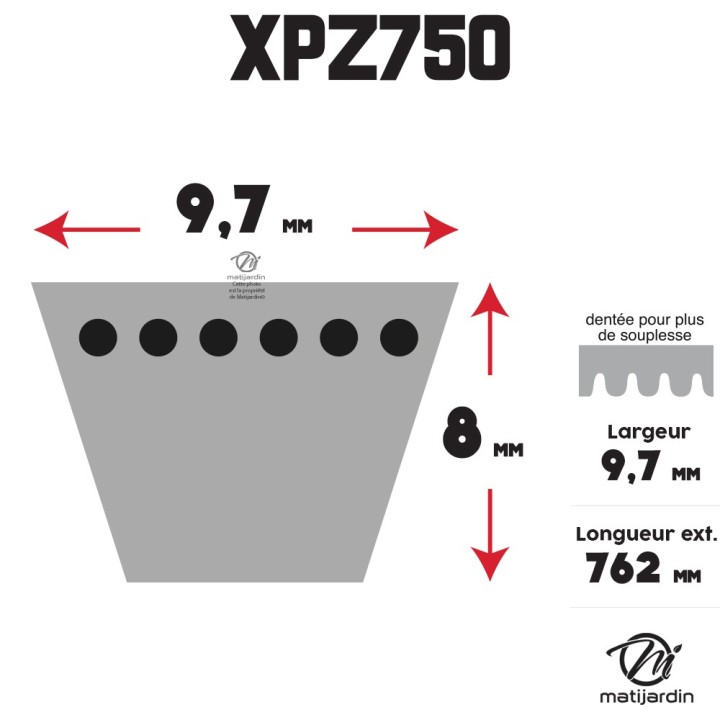 Courroie tondeuse Trapézoïdale crantée XPZ750 - 9,7 mm x 762 mm