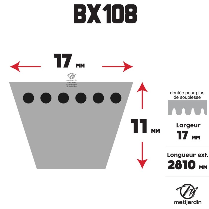Courroie tondeuse Trapézoïdale crantée BX108 - 17 mm x 2810 mm