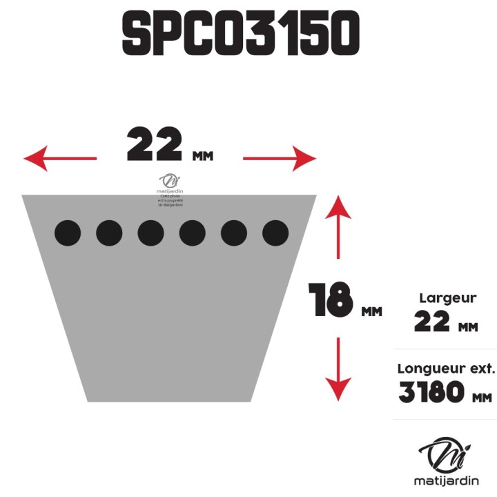 Courroie tondeuse Trapézoïdale SPC3150 - 22 mm x 3180 mm