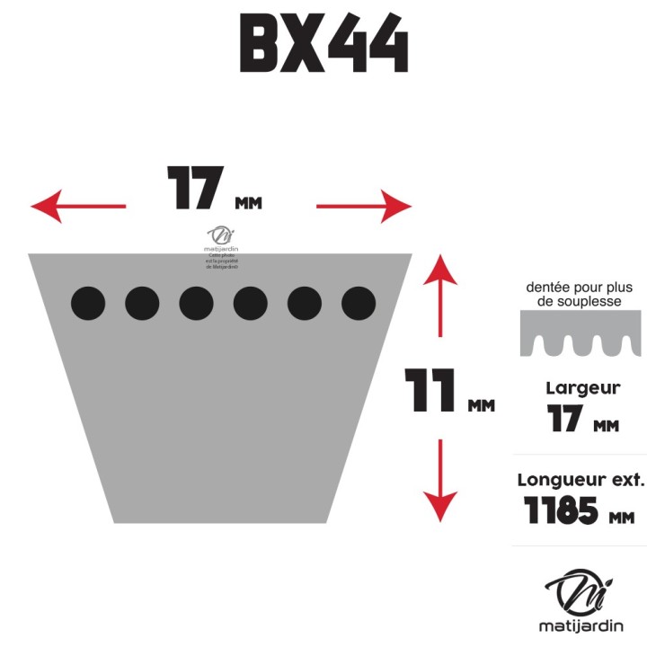 Courroie tondeuse Trapézoïdale crantée BX44 - 17 mm x 1185 mm