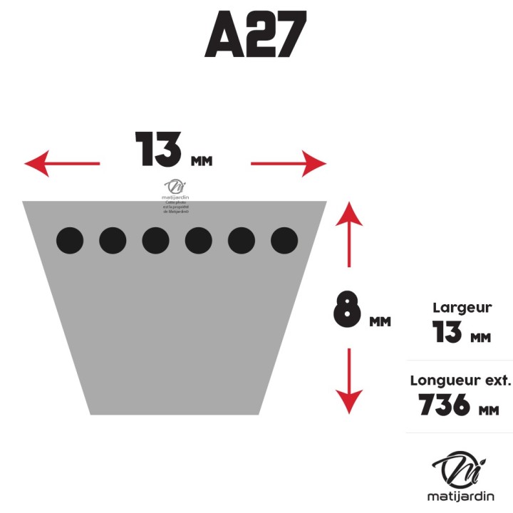 Courroie tondeuse Trapézoïdale A27 - 13 mm x 736 mm