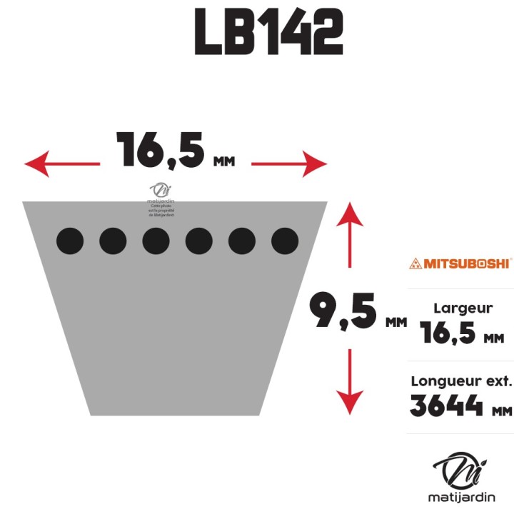 Courroie tondeuse Mitsuboshi LB143 - 16,5 mm x 3644 mm