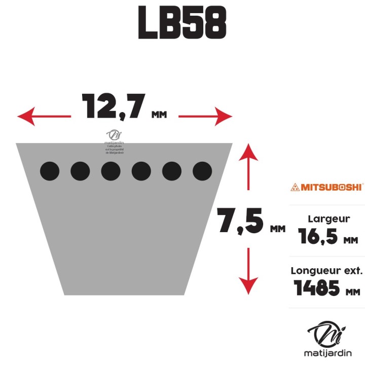 Courroie tondeuse Mitsuboshi LB58 - 16,5 mm x 1485 mm