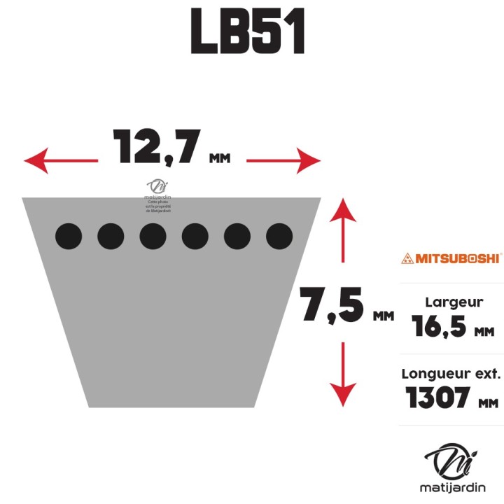 Courroie tondeuse Mitsuboshi LB51 - 16,5 mm x 1307 mm