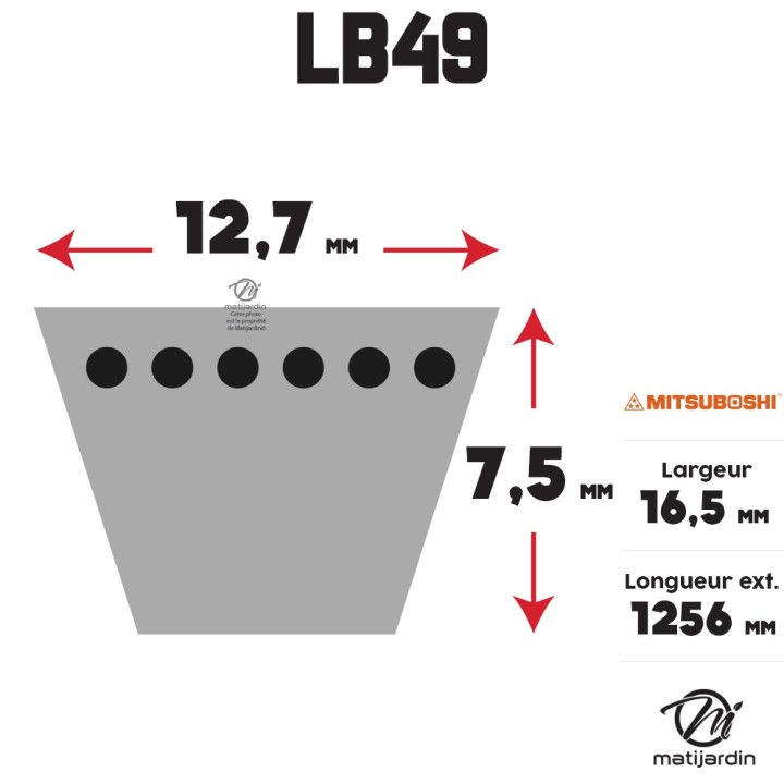 Courroie tondeuse Mitsuboshi LB49 - 16,5 mm x 1256 mm