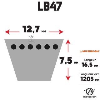 Courroie tondeuse Mitsuboshi LB47 - 16,5 mm x 1205 mm