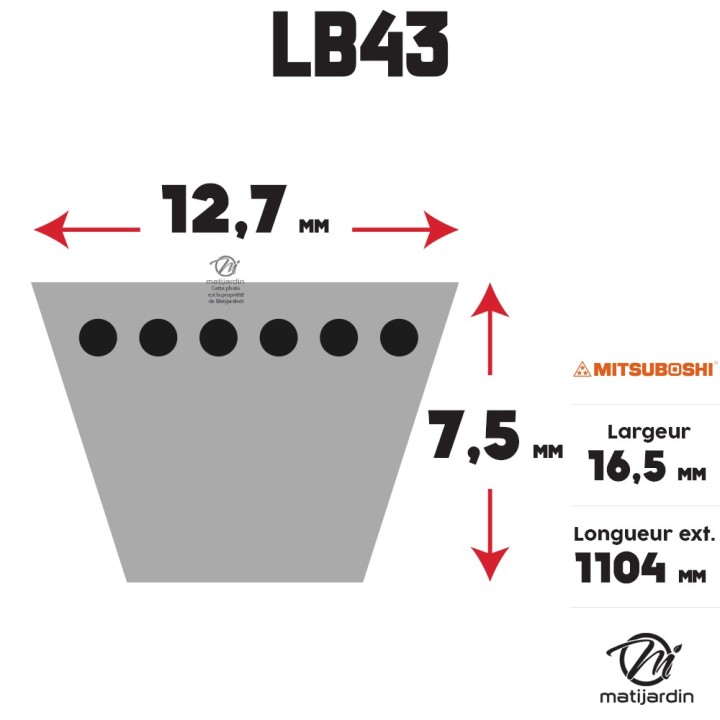 Courroie tondeuse Mitsuboshi LB43 - 16,5 mm x 1104 mm