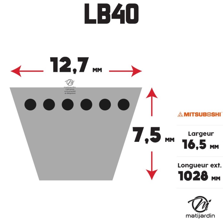 Courroie tondeuse Mitsuboshi LB40 - 16,5 mm x 1028 mm