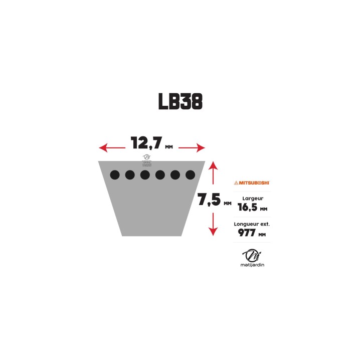 Courroie tondeuse Mitsuboshi LB38 - 16,5 mm x 977 mm