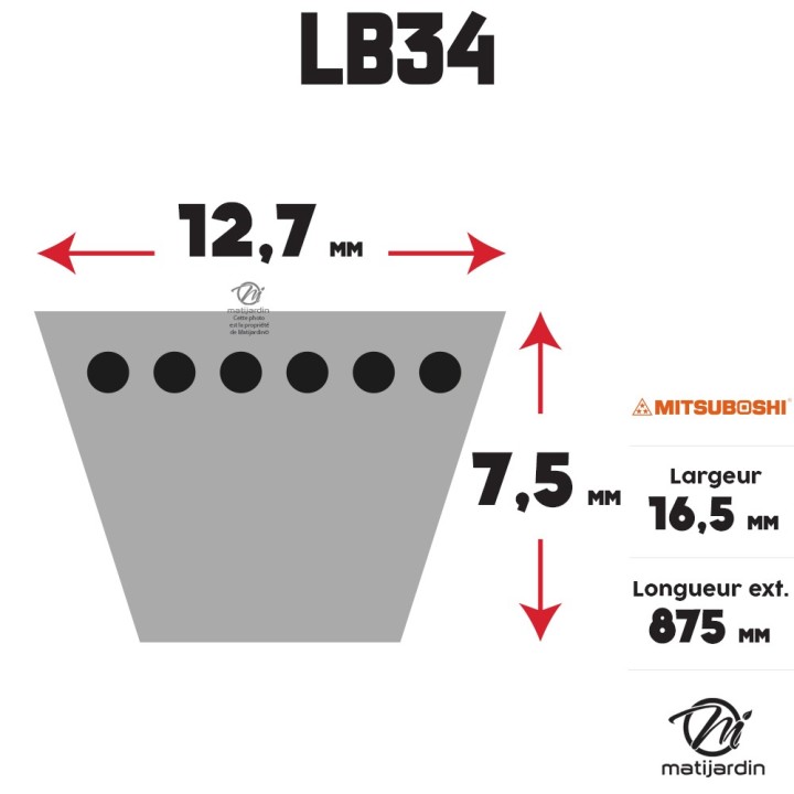 Courroie tondeuse Mitsuboshi LB34 - 16,5 mm x 875 mm